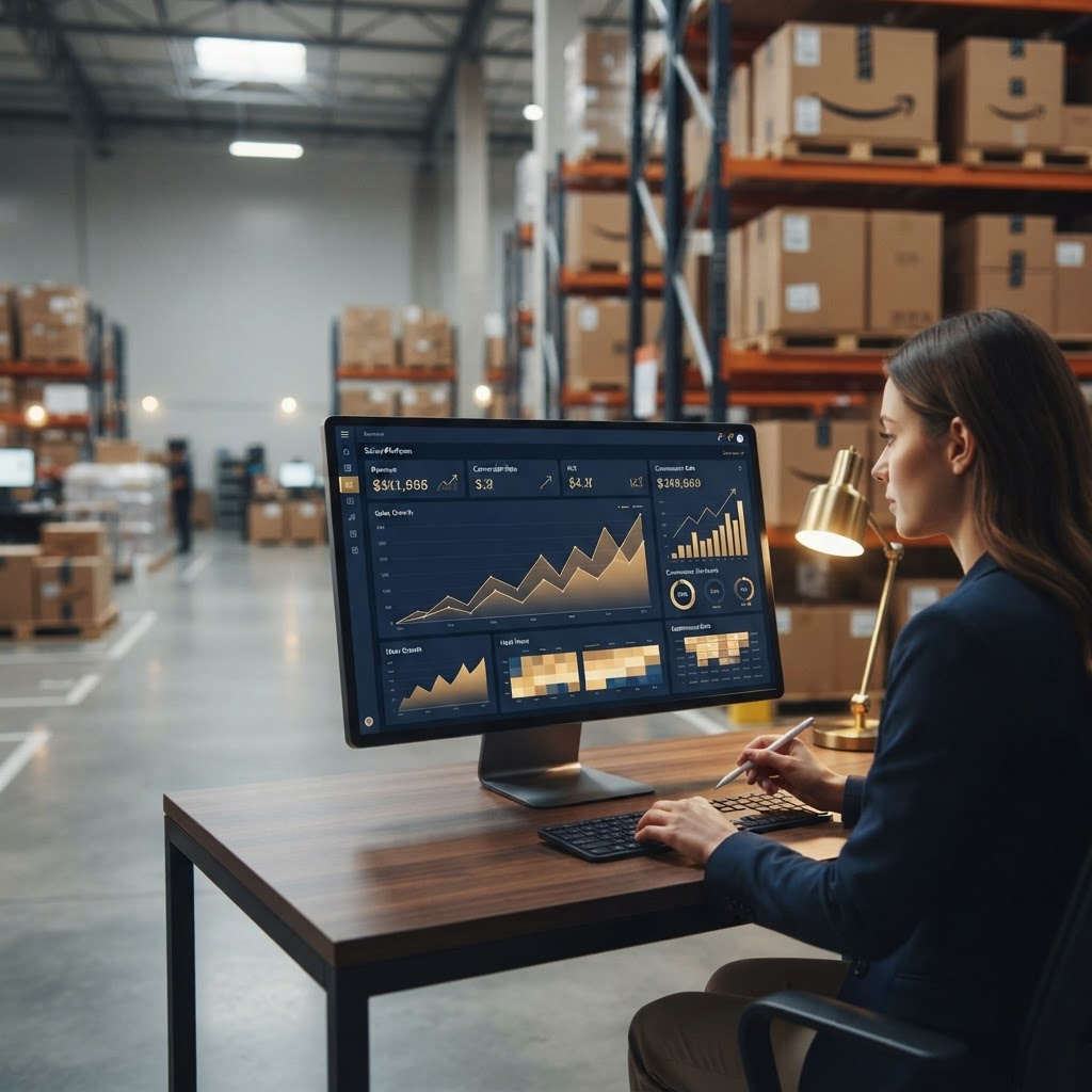 A brand specialist reviewing rising Amazon sales performance in a well-stocked fulfillment center